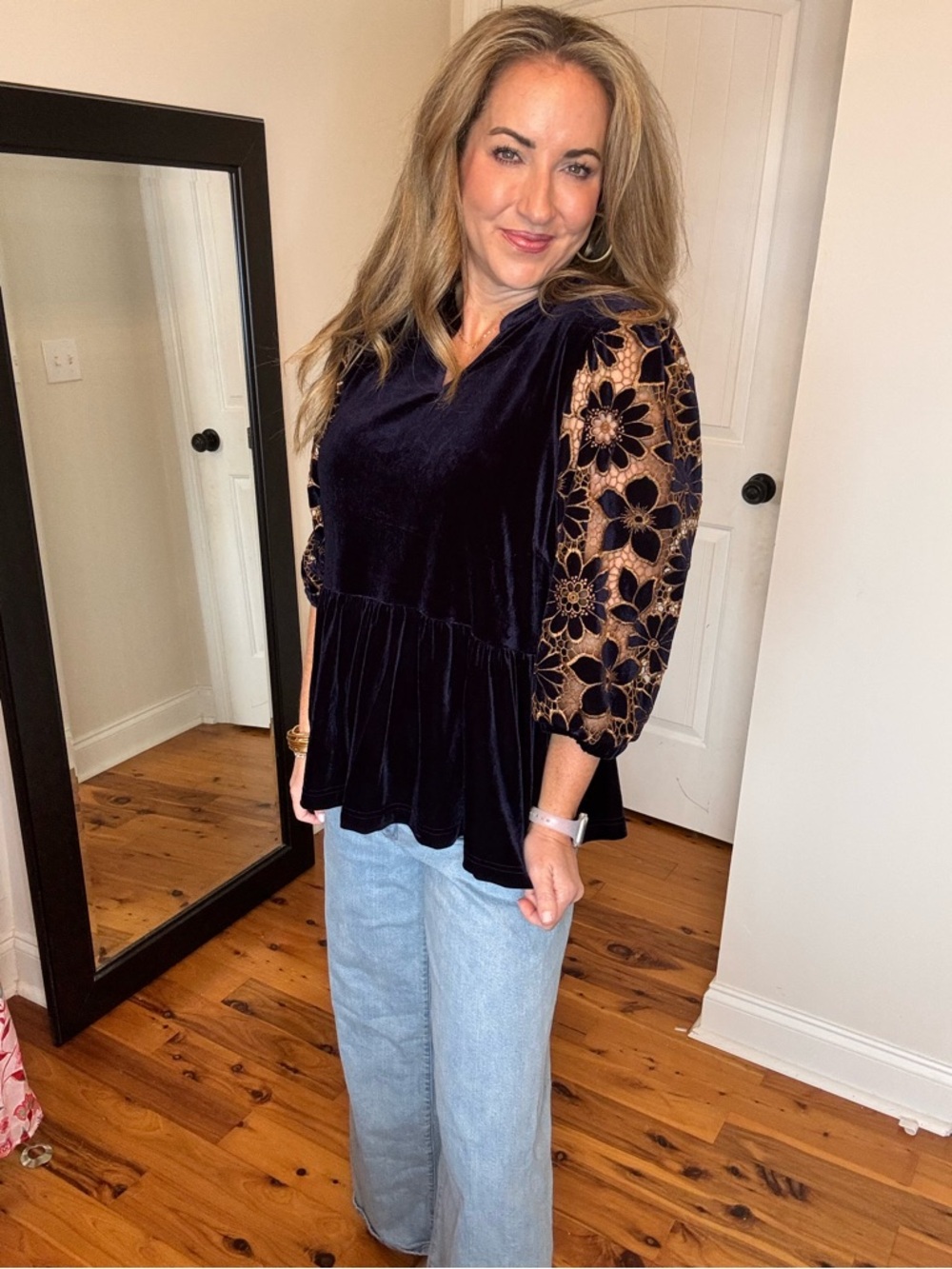 Umgee Black Velvet Peplum Top with Floral Lace Sleeves